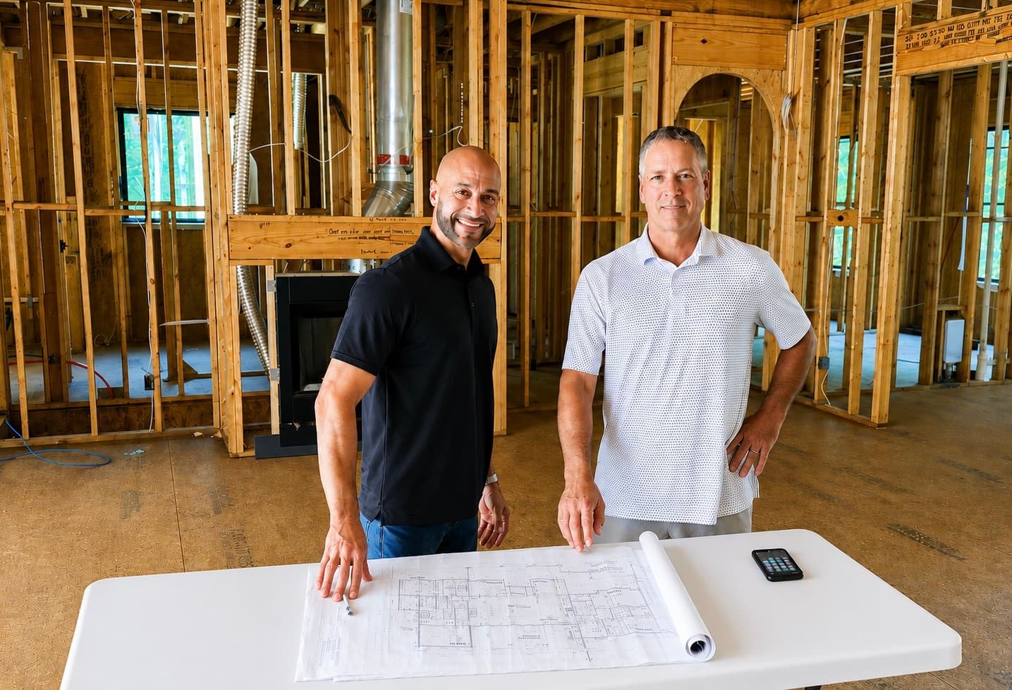 Two of the builders behind JL Development Group reviewing plans inside a home under construction